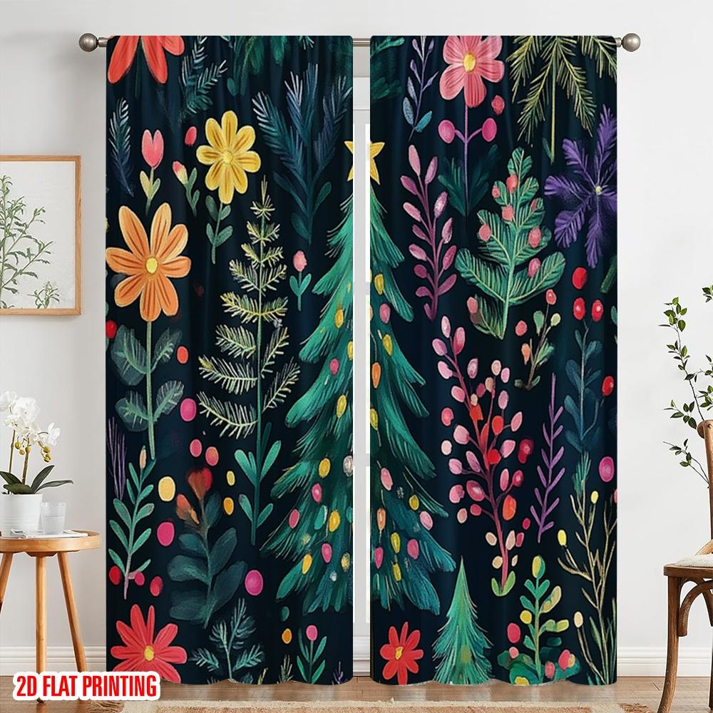2pcs,2D plane printing Curtain Popular Christmas Trees Floral Festive Versatile Polyester Fabric (without rod) Festive Perfect
