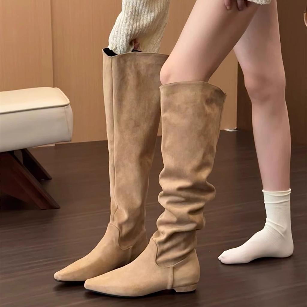 Coarse Heel Khaki Suede Tall Pile Knight Boots Women's Boots 2025 Autumn and Winter V-mouth Skinny Boots