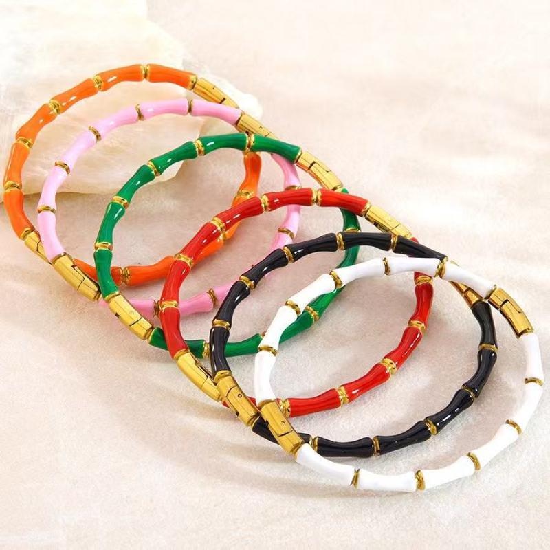 Stylish Colorful Bamboo Joint Bangle Gold Stainless Steel Enamel Resin Bracelet Non-Fading Simple Stainless Steel Bangle Trendy
