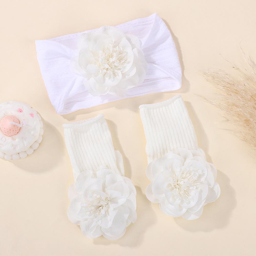 

3PCS Baby Hair with Socks Two Piece Set 3D Flower Baby Hairband Combination Children Headwear Sock Set белый