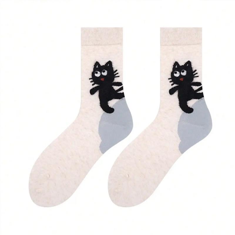 1 Pair Women's Socks Autumn Winter Letter Print Breathable Cat Ankle Socks High Quality Mid-Calf Socks Cute Cat Polyester Blend