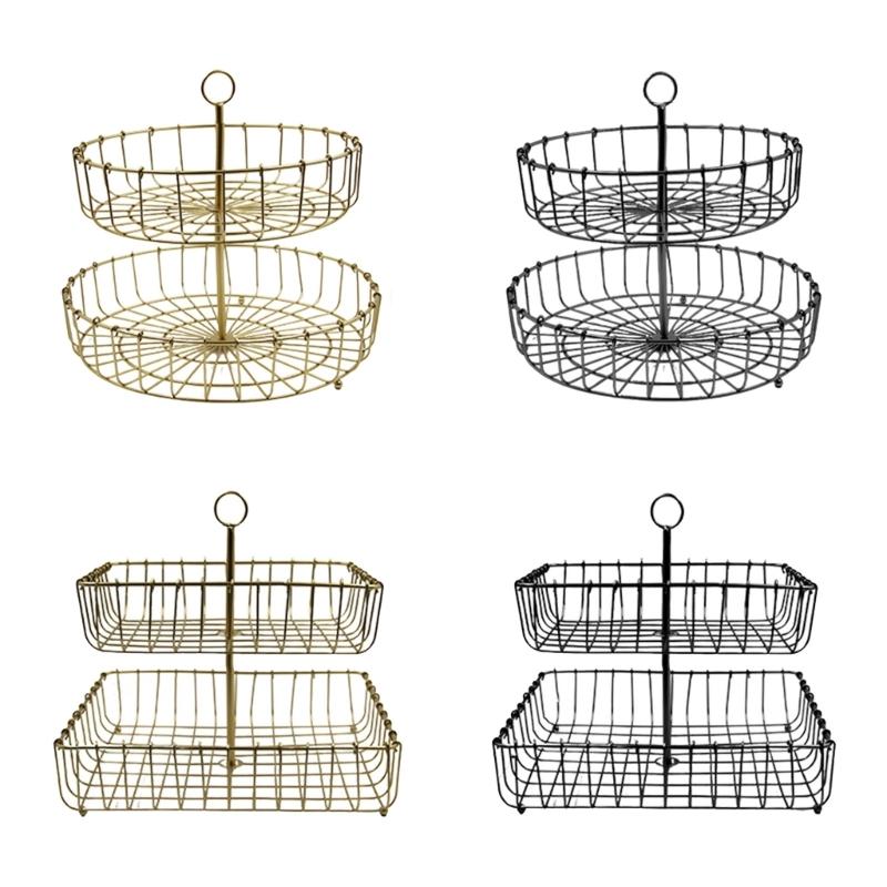 Nordics Wrought Iron Double Tiered Fruit Bowl For Kitchen Countertop Ventilated Storage Basket for Snacks Candy