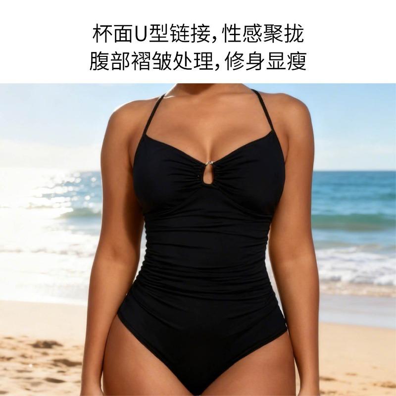 New Solid Color Fashion Meat Cover and Thin One-piece Women's Shoulder Straps Swimsuit Swimsuit