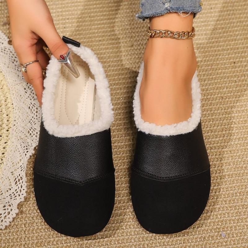 Velvet beanie shoes women's winter new retro women's shoes round head soft sole soft leather one pedal warm cotton shoes women