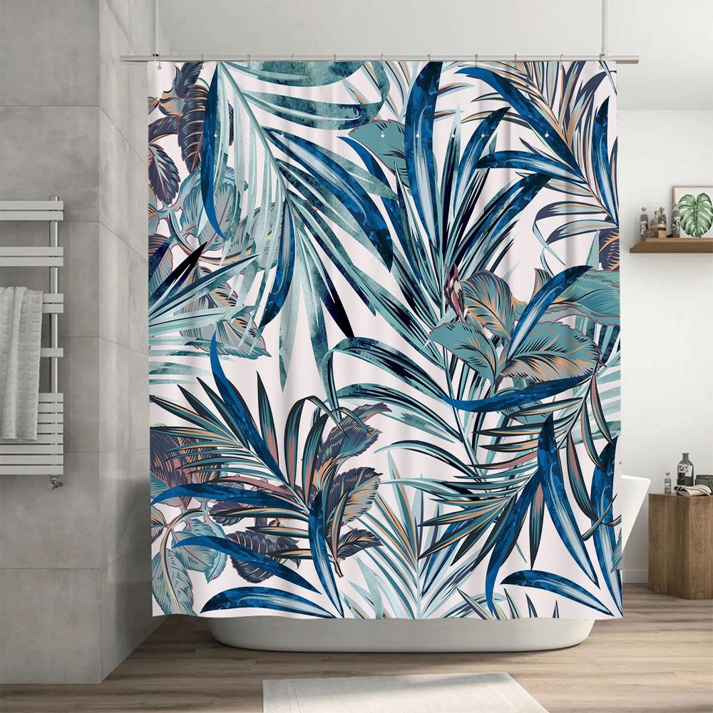Waterproof bathroom curtain with tropical leaf design modern shower curtain for home decor in blue color