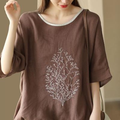 Summer Chinese Style Fashion Minimalist Loose Half Sleeve Round Neck Printed Embroidered Shirring Women's T-shirt Top