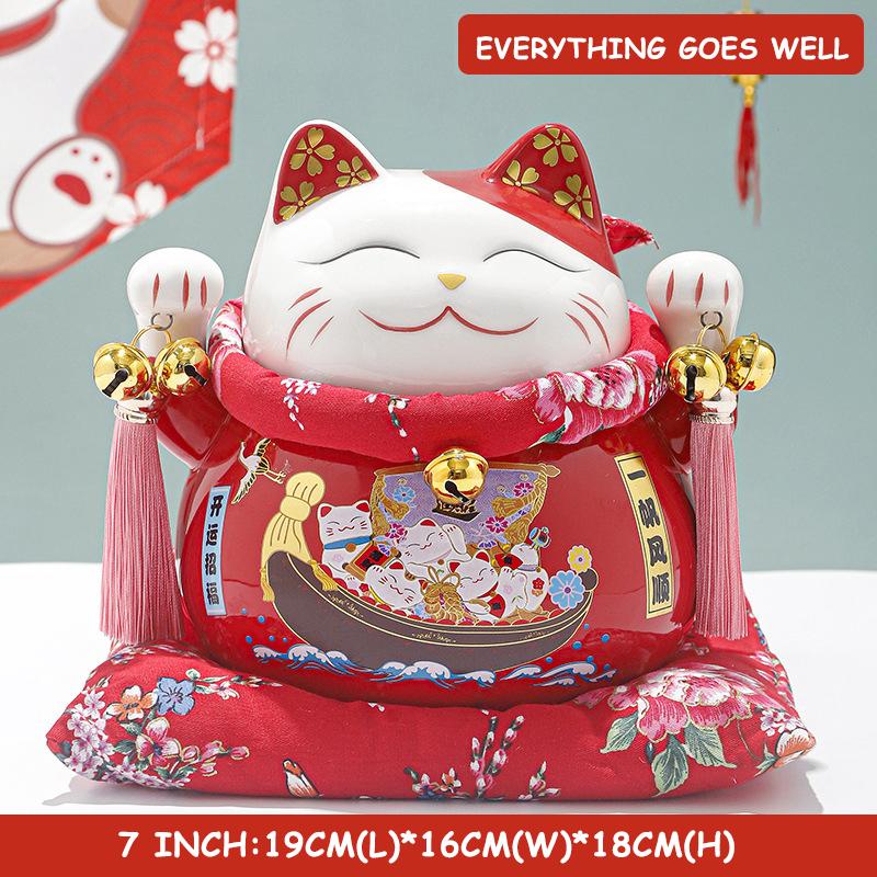 7 inch Ceramic Lucky Cat Statue Maneki Neko Porcelain Fortune Cats Figure Money Bank Feng Shui Decor Ornament Home Centerpiece