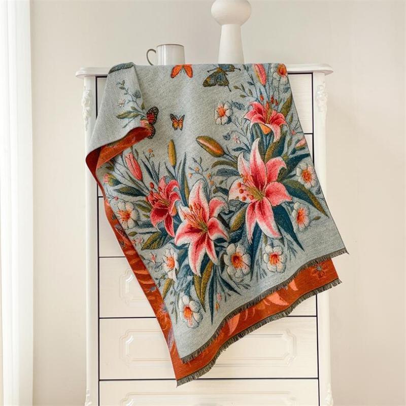 Winter oil painting style scarf women's plate four shuttle imitation cashmere shawl thickened warm fringed scarf