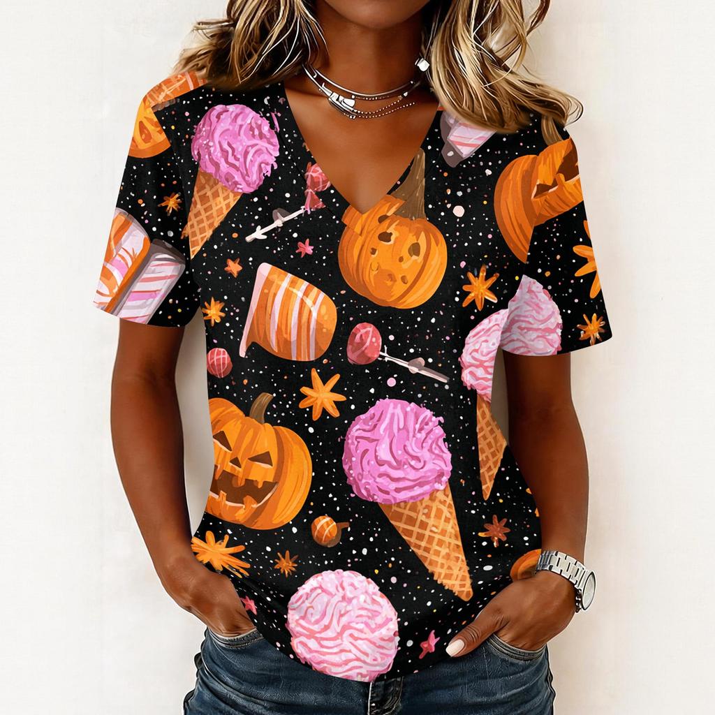 Womens Casual Halloween Print V Neck Pullover Top Short Sleeve Lightweight Shirt for Fall Seasonal Wear