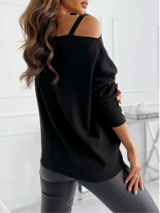 2023 Fashion Off-Shoulder Long Sleeve Women's T-Shirt with Sexy Chain Button Decoration