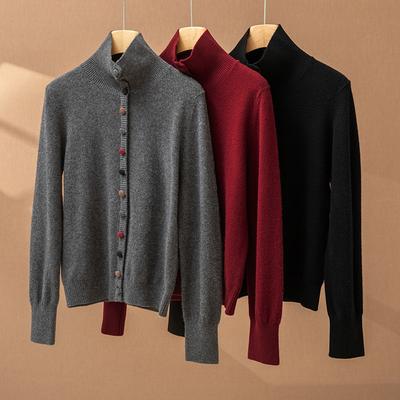 Korean Style Stylishable Turtleneck Color Buttoned Cardigan for Women with Minimalist Style Knitted Sweater Commuting Autumn and Winter Cardigan