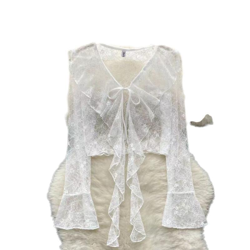 Cardigan estivo in chiffon da donna - Pizzo con balze, Chiusura con laccio sul davanti, Maniche a campana, Sciarpa parasole.