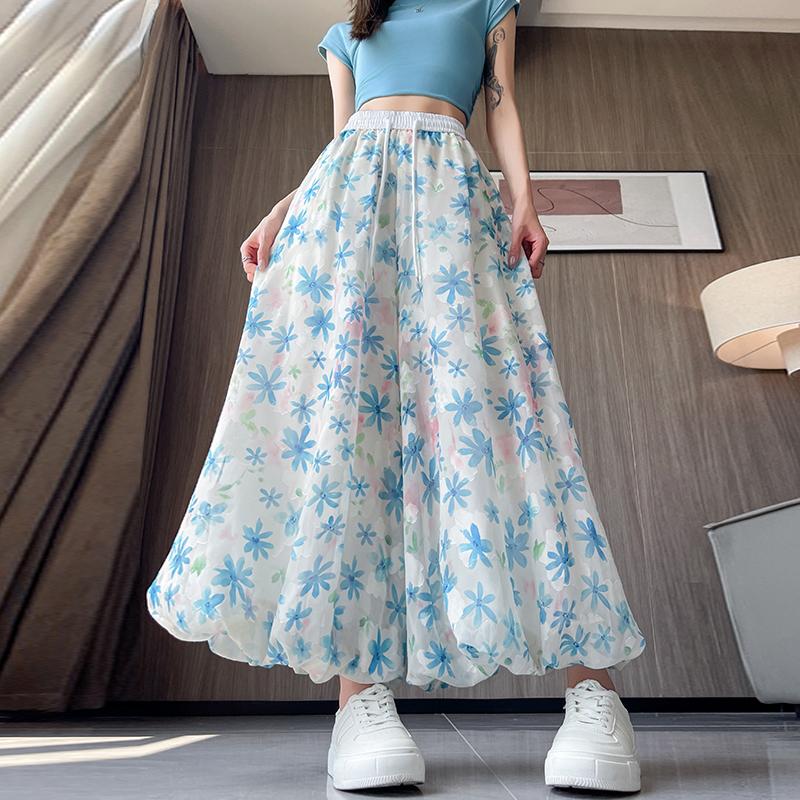 

Летние женские брюки с принтом, тонкие, с высокой талией, широкие штанины, длиной до щиколотки, брюки-юбка с карманом для хип-хоп девушки XXL синий