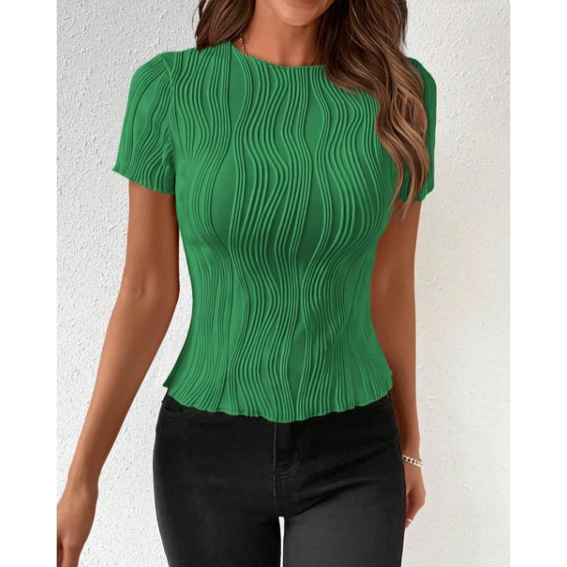 Summer Round Neck Slim Fit Short Sleeved T-shirt Elegant Simple Top Fashion Street Wear Casual Solid Color Blouse Pleated Office Shirts Tees