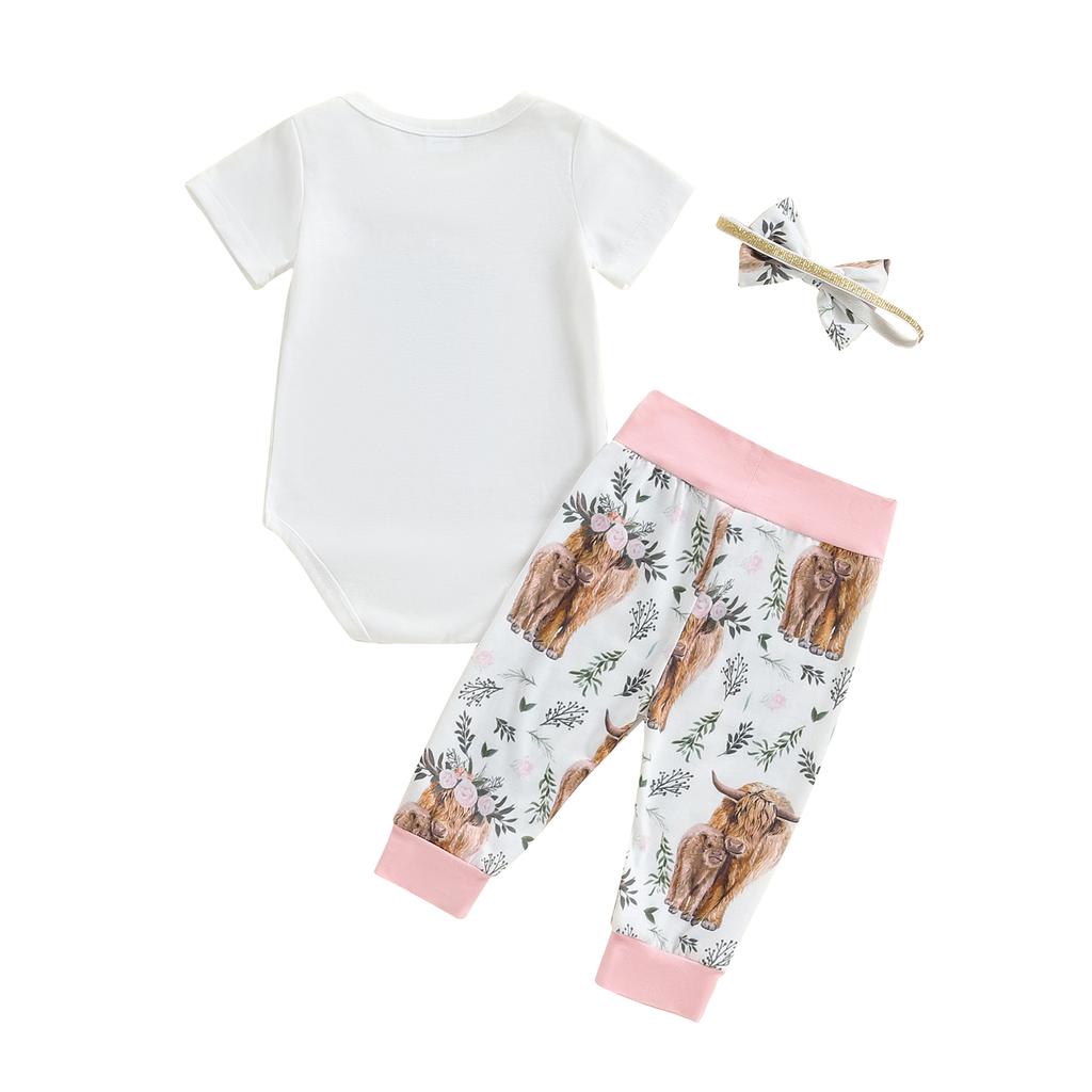 Baby Girl 3 Piece Summer Set, Cattle Print Short Sleeve Romper Elastic Waist Pants Bow Headband Toddler Outfits