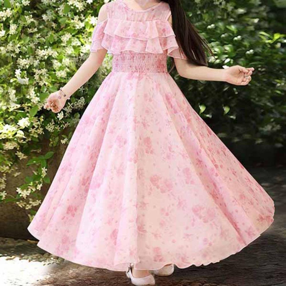 Pleated Girls Chiffon Floral Dress Loose Children Princess Dress Summer Kids Dresses  Holiday