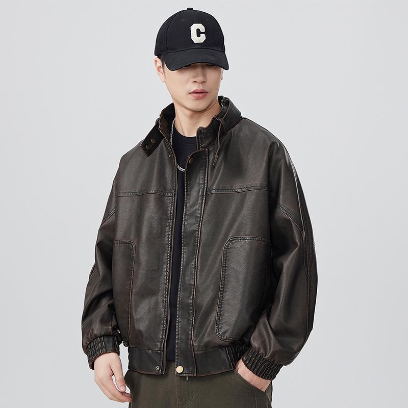 Men's Retro Cool PU Leather Bomber Jacket with Buckle Stand Collar