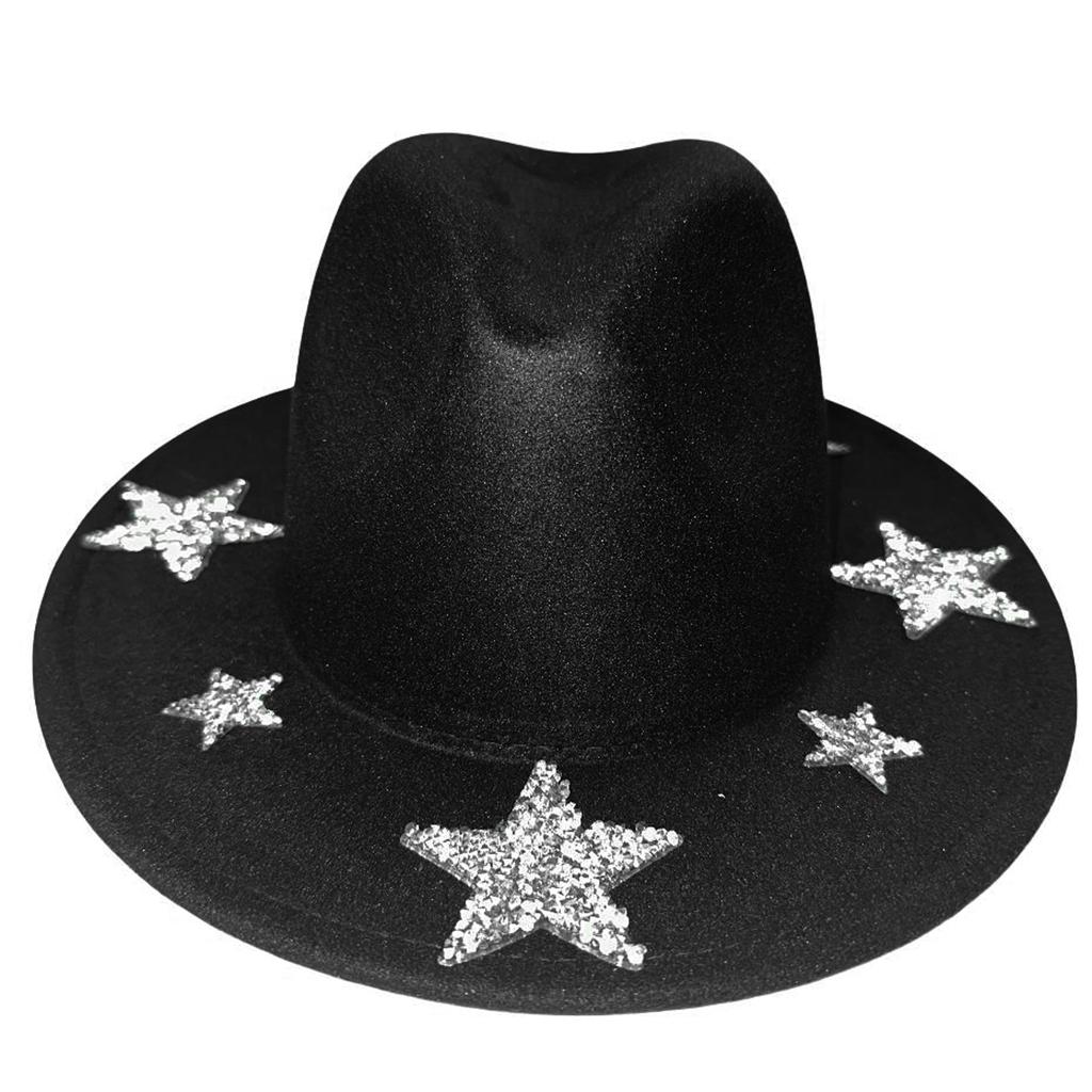 Independence Day Western Hat for Women Men Shiny Rhinestone Star Memorial Day Cowgirl Caps for Party Club Wide Brim Jazz Hats