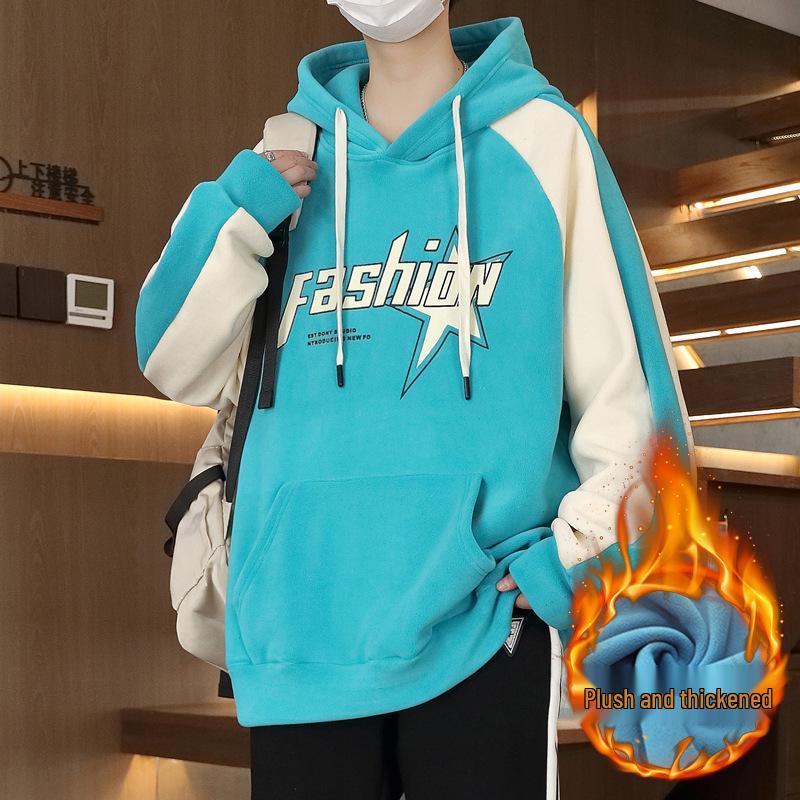 Men's 2025 Style Double-Sided Fleece Hoodie, Thickened Inner Layer, Solid Color, Trendy Winter Outerwear for Teens with Hood