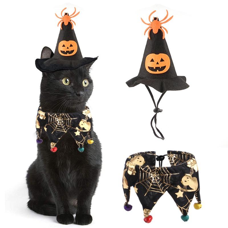 Halloween Cat Costume Set Witch Hat And Collar With Skull And Spider Web Design Pet Cloak Outfit Accessories Party Photo Props