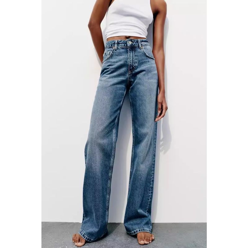 Spring New French Retro Boyfriend Style Casual All-Matching Wide Leg Mid Waist Long Denim 6688034