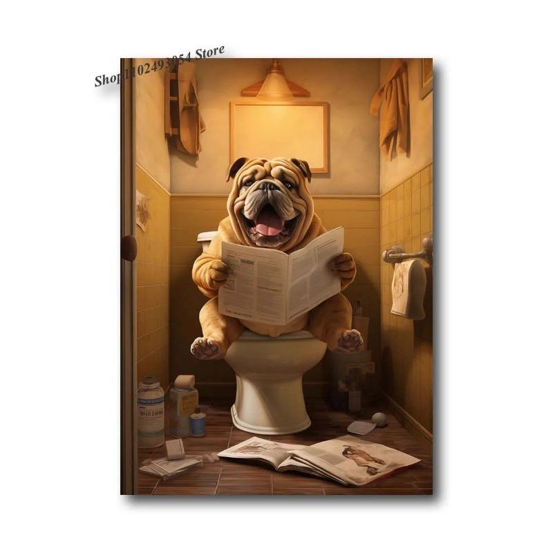 Funny Bathroom Dog Animal Sitting On The Toilet Reading A Newspaper Art Poster Canvas Painting Wall Prints Picture Home Decor