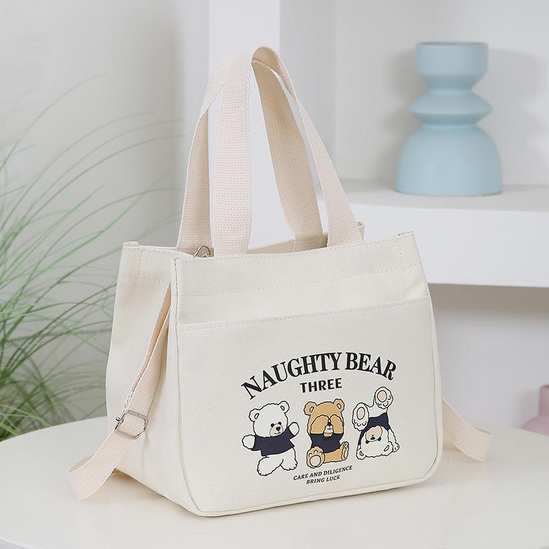 Bento bag Women's hand carry canvas bag Cartoon bear printed handbag Office worker portable large-capacity lunch box bag