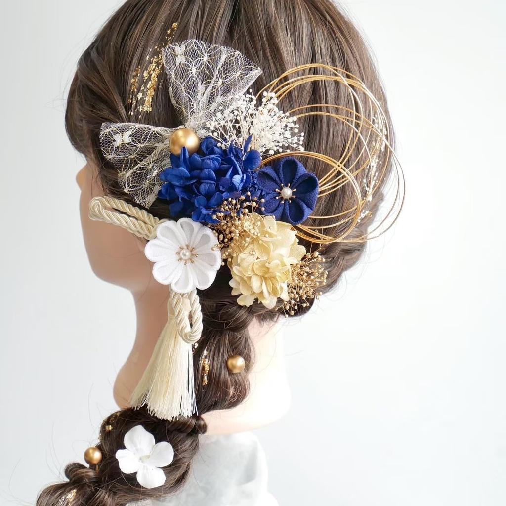 Lomeri Hair Ornament Set Available In 8 Colors Chirimen Perfect for and Weddings Kimono N3 (14 Pieces) - - Tsumami-zaiku (Crepe) - Coming-of-Age