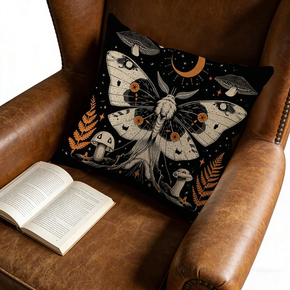 Cushion Cover Black Moth Mushroom Fern And Moon Pattern For Home Decor Bedroom Living Room Window Seat