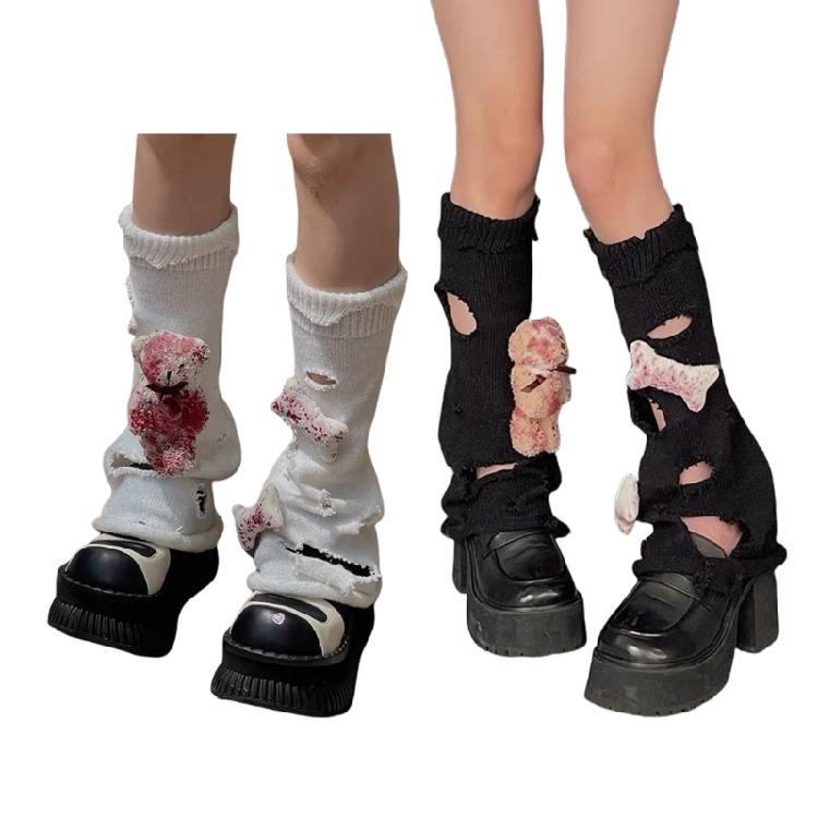 Aesthetic Fashion Ripped Hole Knitted Leg Warmer Streetwear Harajuku Boot Cover 3D Bloody Bear Doll Leg Sleeve for Women