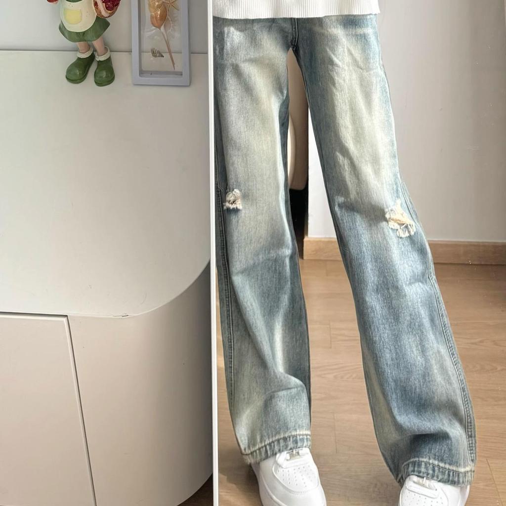 American Retro Old Ripped Versatile Street Jeans Men's Casual Vintage Wind Loose Straight Long Pants