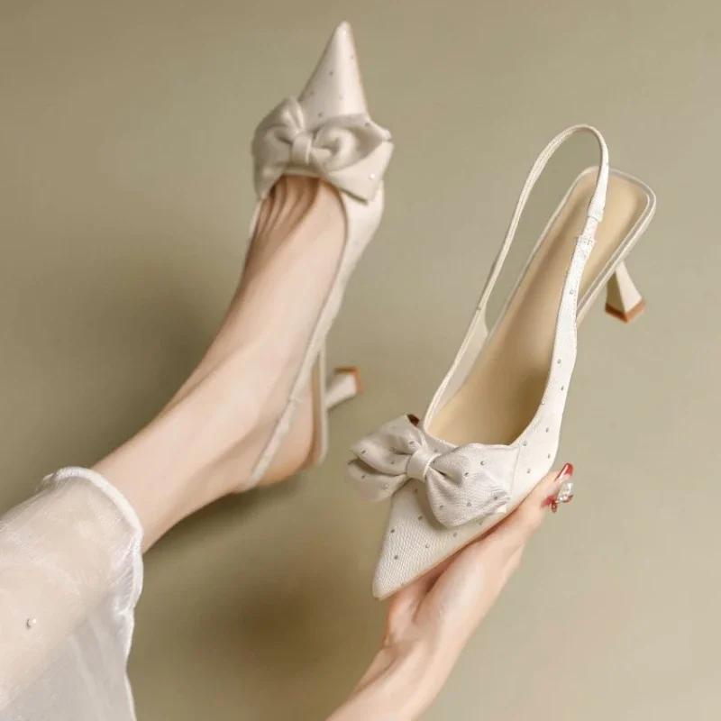 Bow Patent Leather Slingbacks Heels  New Temperament Women Stilettos Shoes Elegant Pointed Toe Loop Strap Pumps For Woman