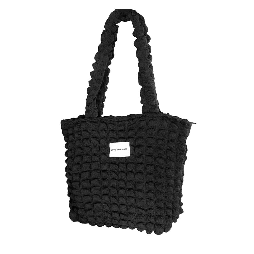 

Popcorn Tote Bag for Large Work or Shoulder Bag [JetWave] Women, Quilted, Shirring, Capacity, School, (Black) чорний
