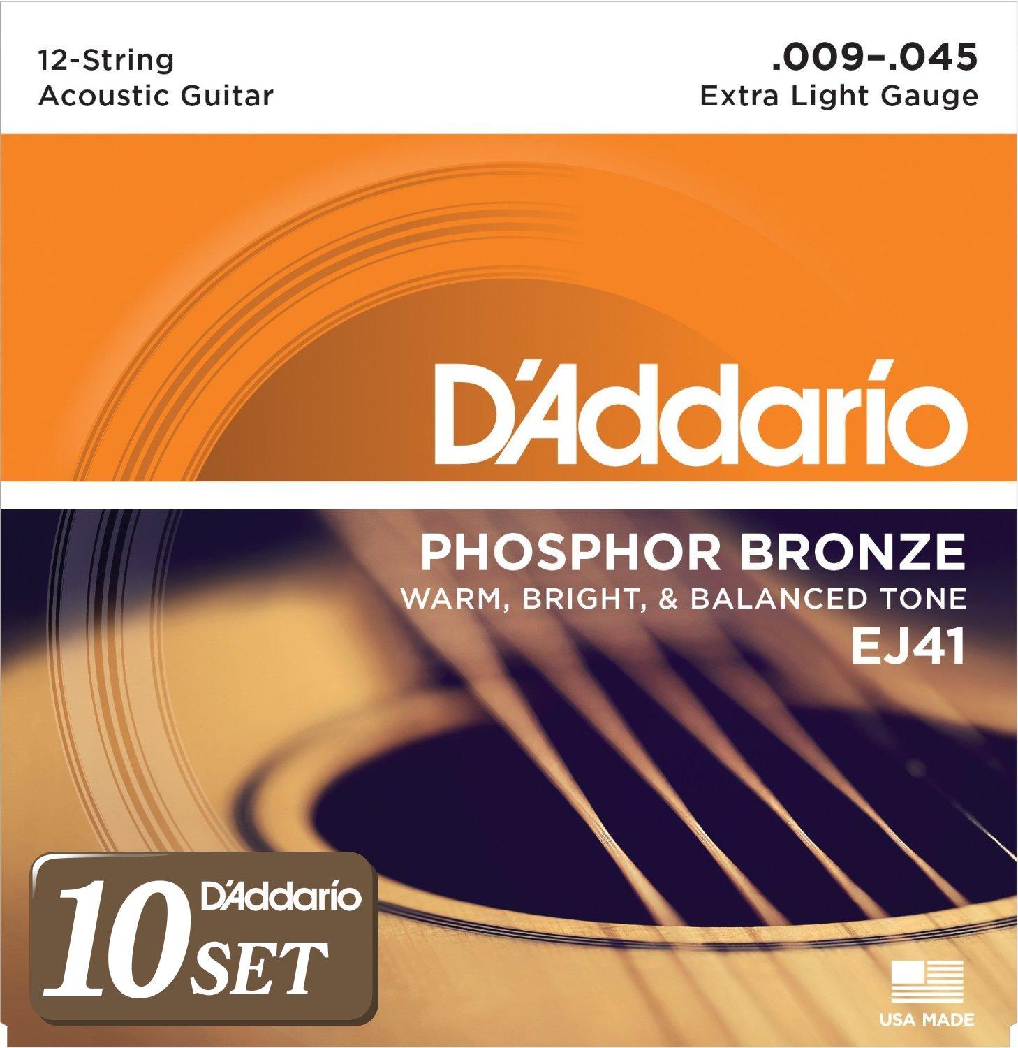 

Струни для акустичної гітари Phosphor Bronze Extra Light 12 струн EJ41 x 10 Set D Addario .009-.045 []