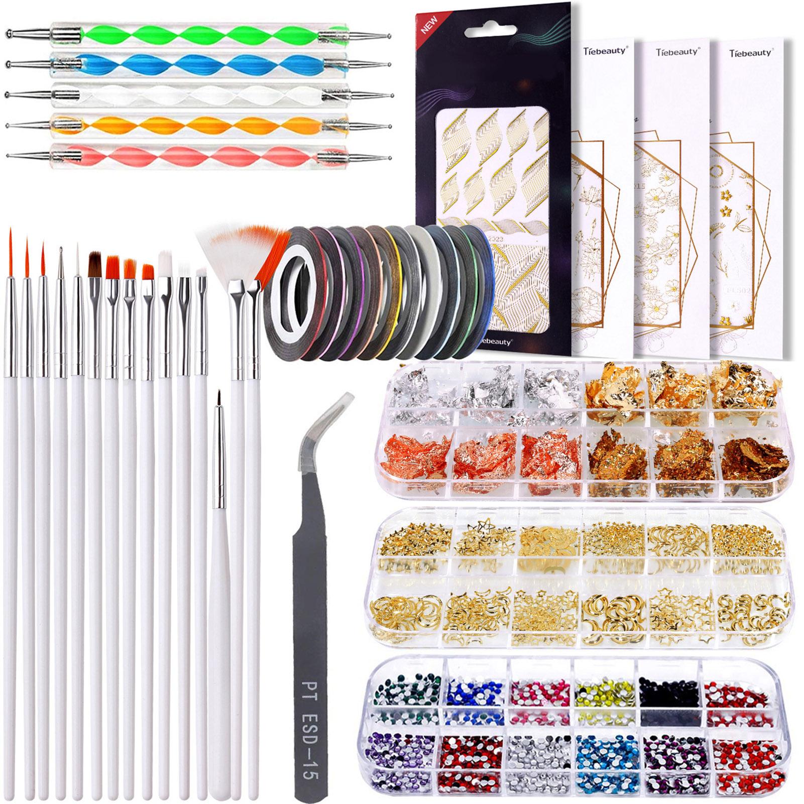 Nail Art Accessories Set Nail Decoration Kit 15Pcs Nail Pens 5Pcs Dual-ended Dotting Pens Nail Stickers Nail Gold Foil 10 Colors Metallic Threads Nail