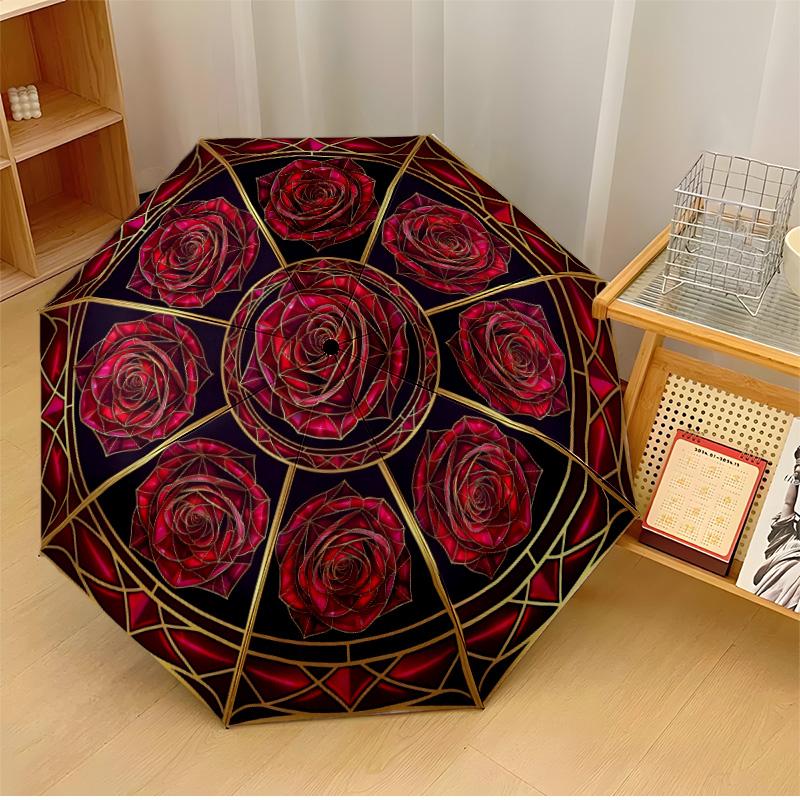 

Red Rose Crystal Art Theme Automatic Umbrella Compact 8-Rib Design Sturdy Construction Durable Umbrella Stylish Accessory