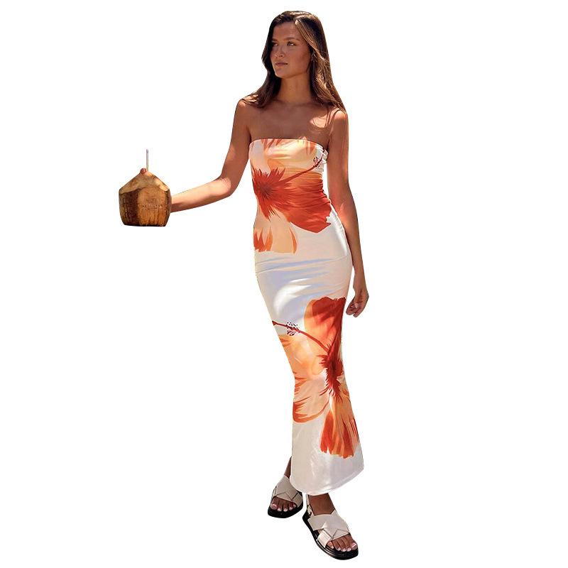 Hochwertiges europäisches und amerikanisches trägerloses Sommerkleid mit Aufdruck für Damen: Sexy, Taillenbetonende, Hüftbetonende Mode