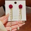 Wine Red Flocking Bow Pearl Tassel Earrings For Women Elegant Trending Luxury Red Rose Flower Long Tassel Earrings Jewelry Gifts