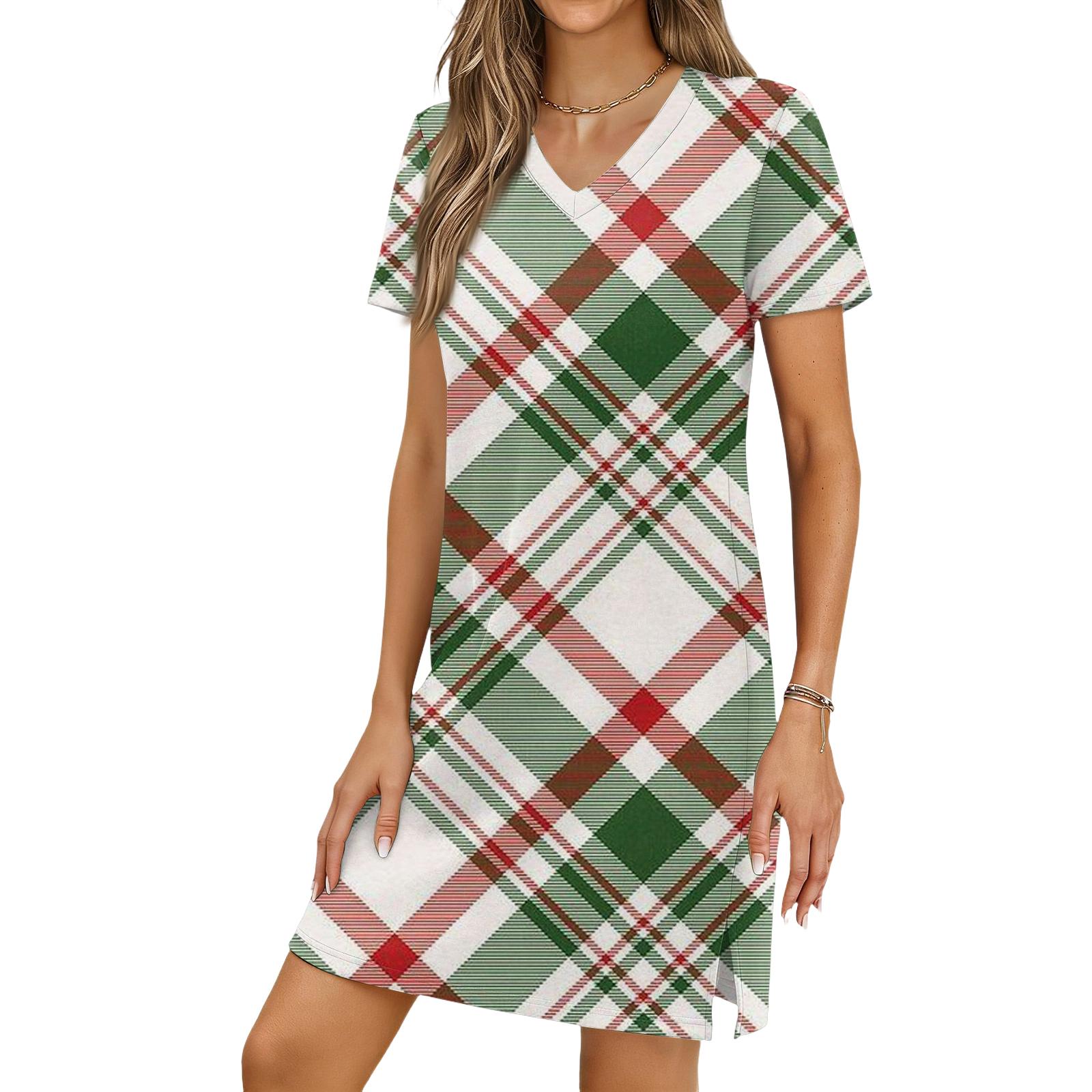 Women s Casual V-neck Short Sleeve Split Hem Plaid Print Dress L