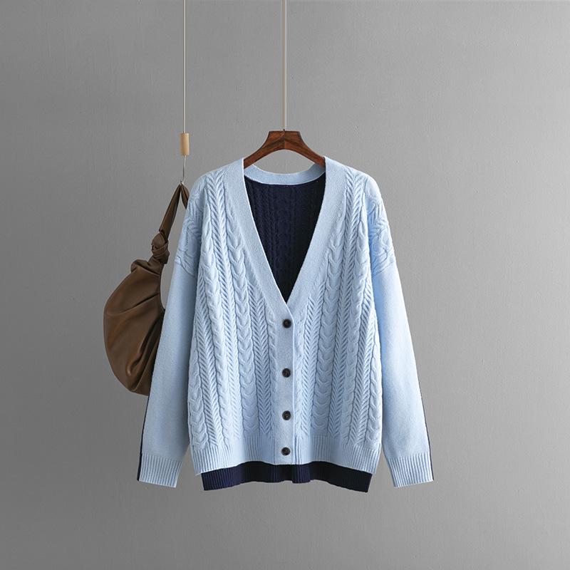 Autumn Winter Vintage Loose Long Sleeve Top Block Color Cardigan Pullover Knitwear Twists V-neck Sweater