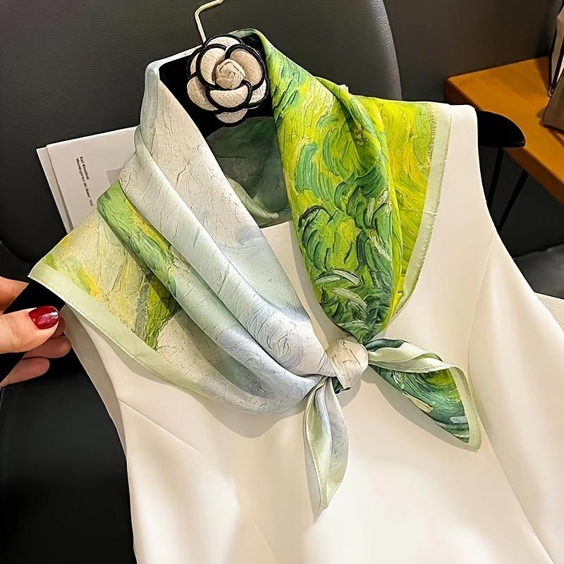 27.56" New Oil Painting Square Scarf Women's Green Thin Smooth Neck Scarf Retro Style Windproof Sunscreen Headscarf
