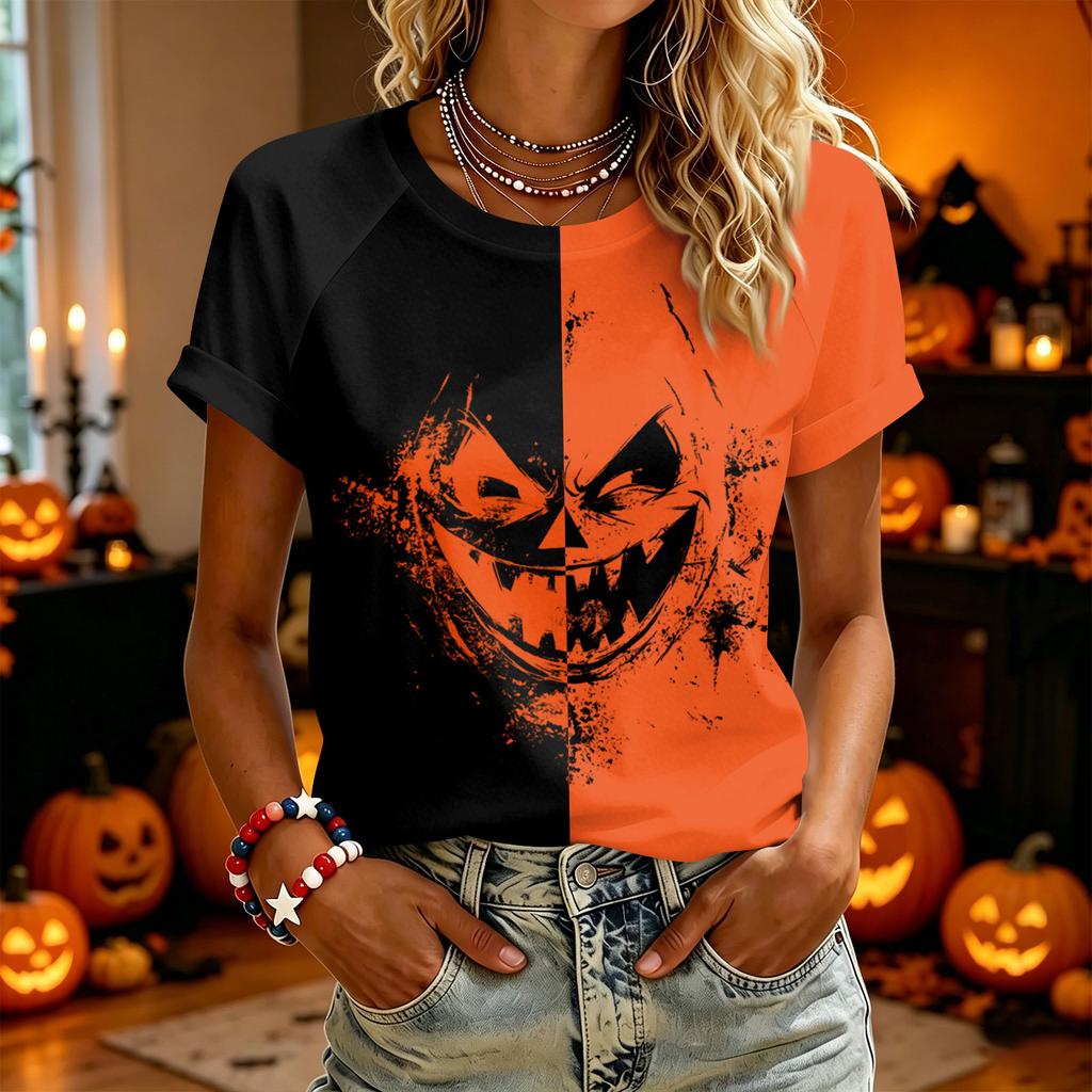 Women's Casual Halloween Graphic Short Sleeve T-Shirt Split Design Comfortable Fit Lightweight Top