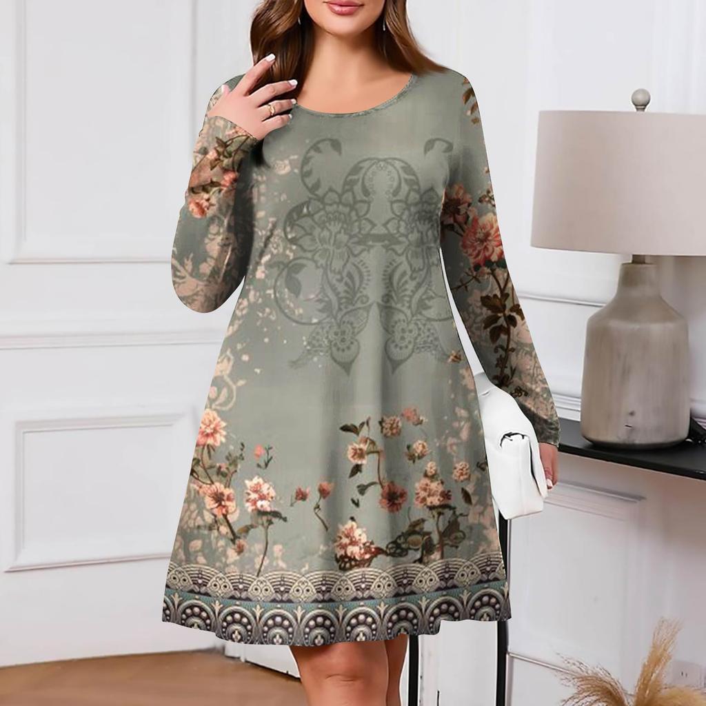 Plus Size Women's Gradient Print Casual Spring/Autumn Pocket Round Neck Long Sleeve Dress