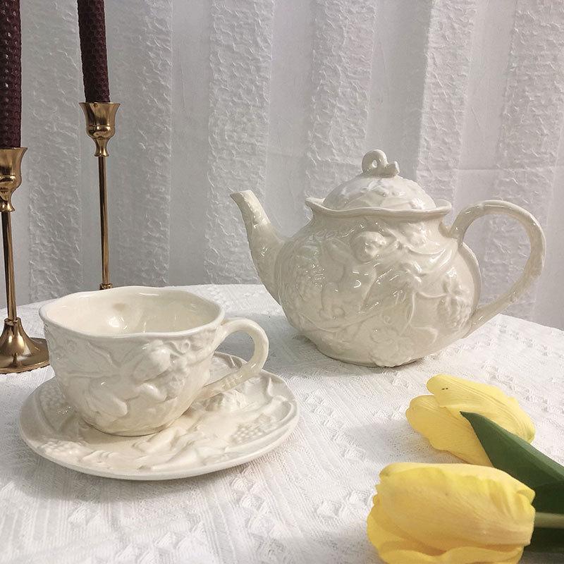 Angel Relief Retro Ceramic Teapot Tea Set Afternoon Tea Coffee Cup Plate European Palace Style Dish Kettle Set Household