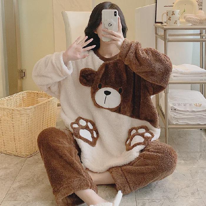 

Пижама Sweet Bear Plush для женщин - зимний стиль, длинные рукава и штаны, размер плюс 200 фунтов 5XL темно-коричневого