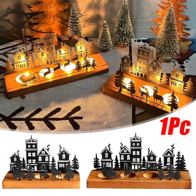 1PC Metal Rustic Wooden Holiday With Reindeer Design Festive Black Silhouette Candlesticks Desk Top Decor 2 Sizes
