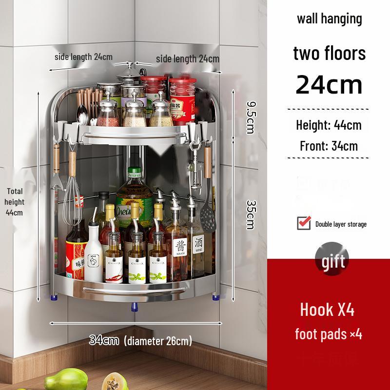 Stainless Steel Kitchen Corner Shelf for Oil, Sauce, Vinegar & Spices - Triangle Storage Rack with Knife Holder.