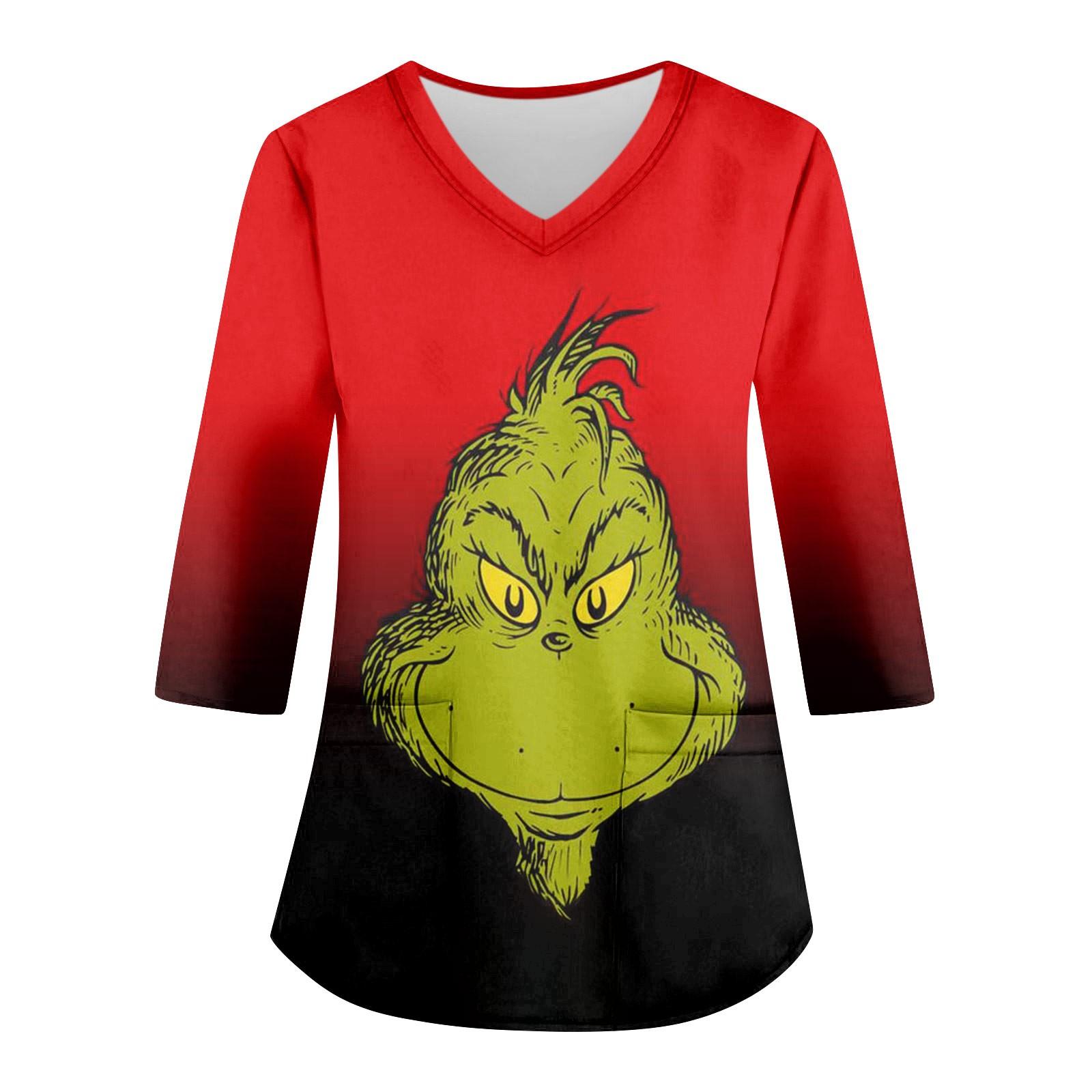 

Women s Loose V Neck Pocket Christmas Tree Print Three Quarter Sleeve Workwear Top XXXL червоний
