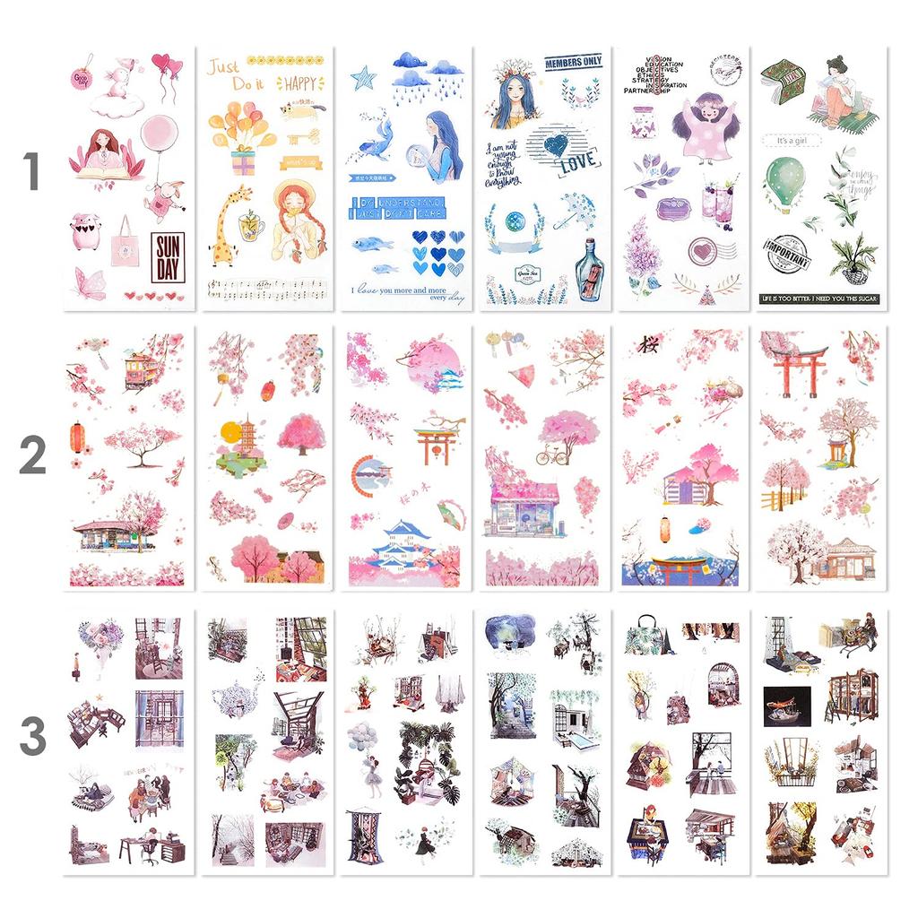 Dekoratives Stickerpaket für Erwachsene, Designs, 72 Blätter, 12 Themen, japanische Papieraufkleber, verschiedene dekorative Aufkleber, selbstklebende Abziehbilder, Graffiti-Patches