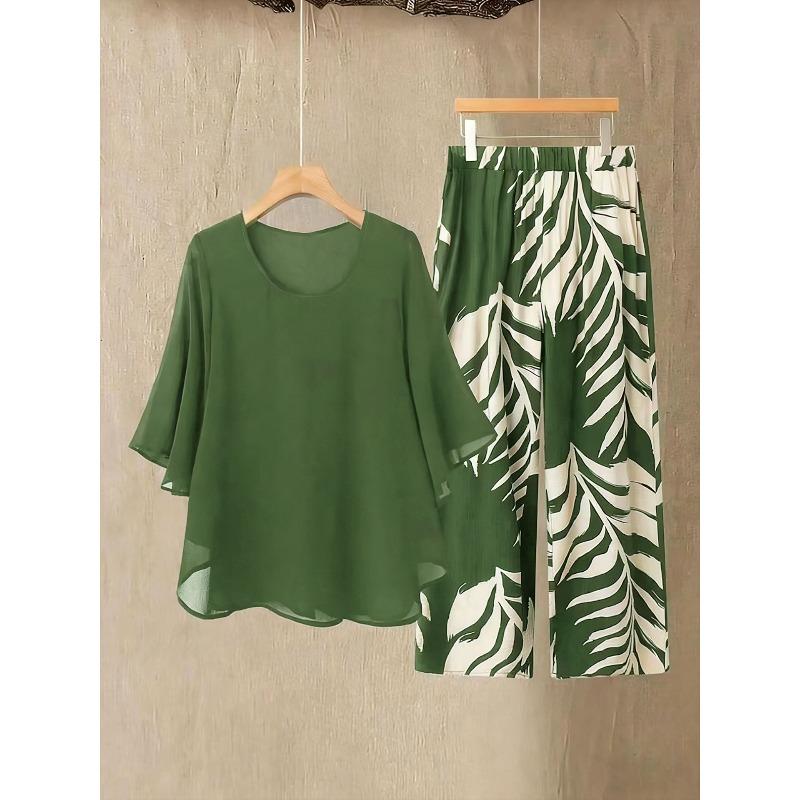 Damen Sommer Chiffon Kurzarm Zweiteiler Set in Übergröße – Elegantes Lockeres Oberteil und Hosen Outfit